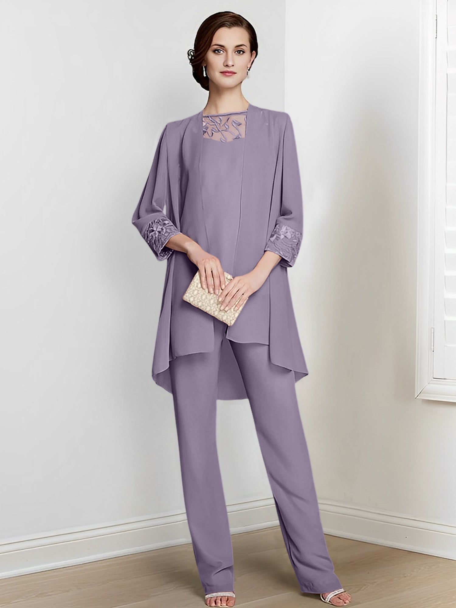 Long Square Neck Chiffon Pantsuit With Long Sleeves and Jacket for the Mother of the Bride