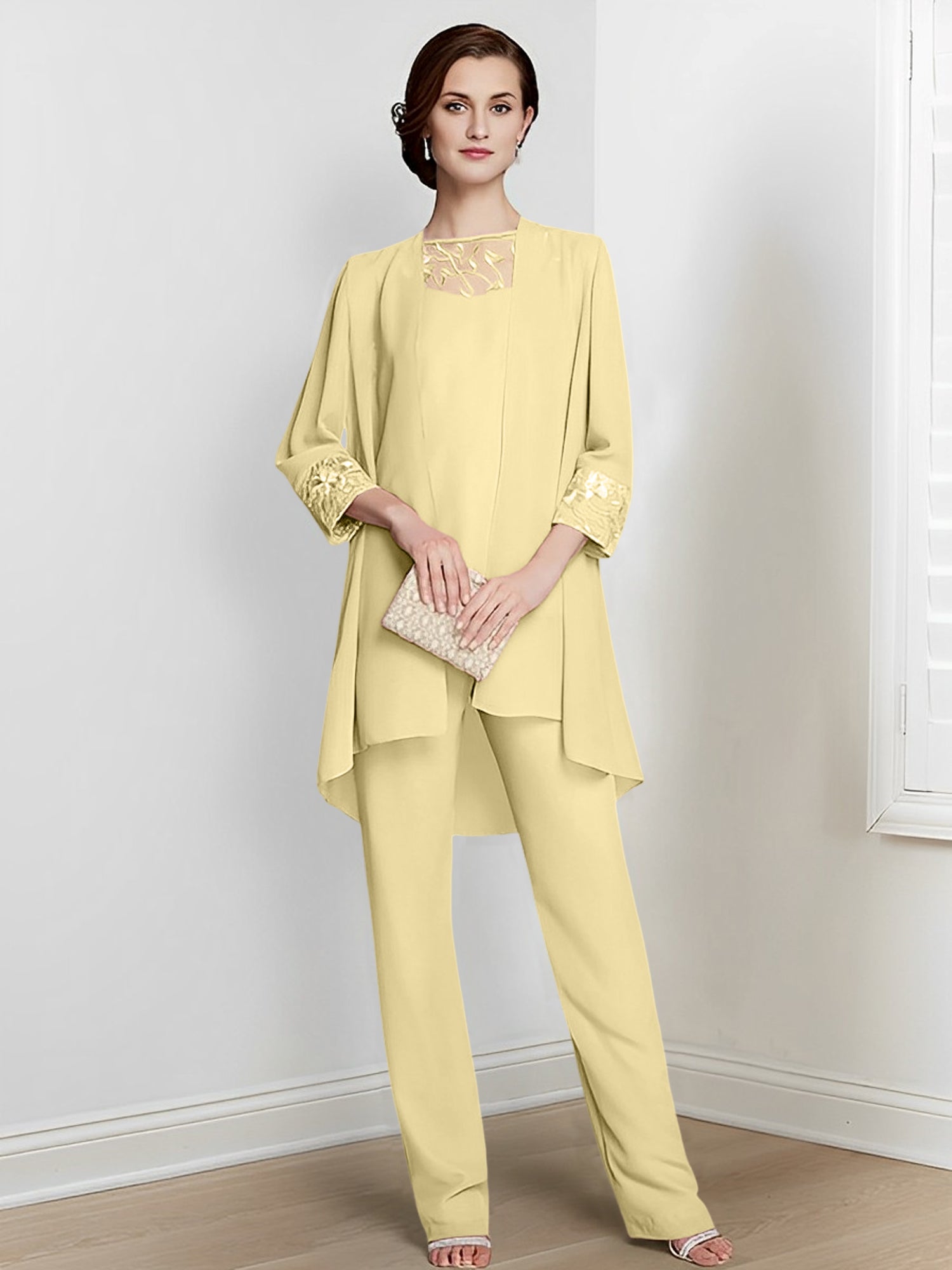 Long Square Neck Chiffon Pantsuit With Long Sleeves and Jacket for the Mother of the Bride