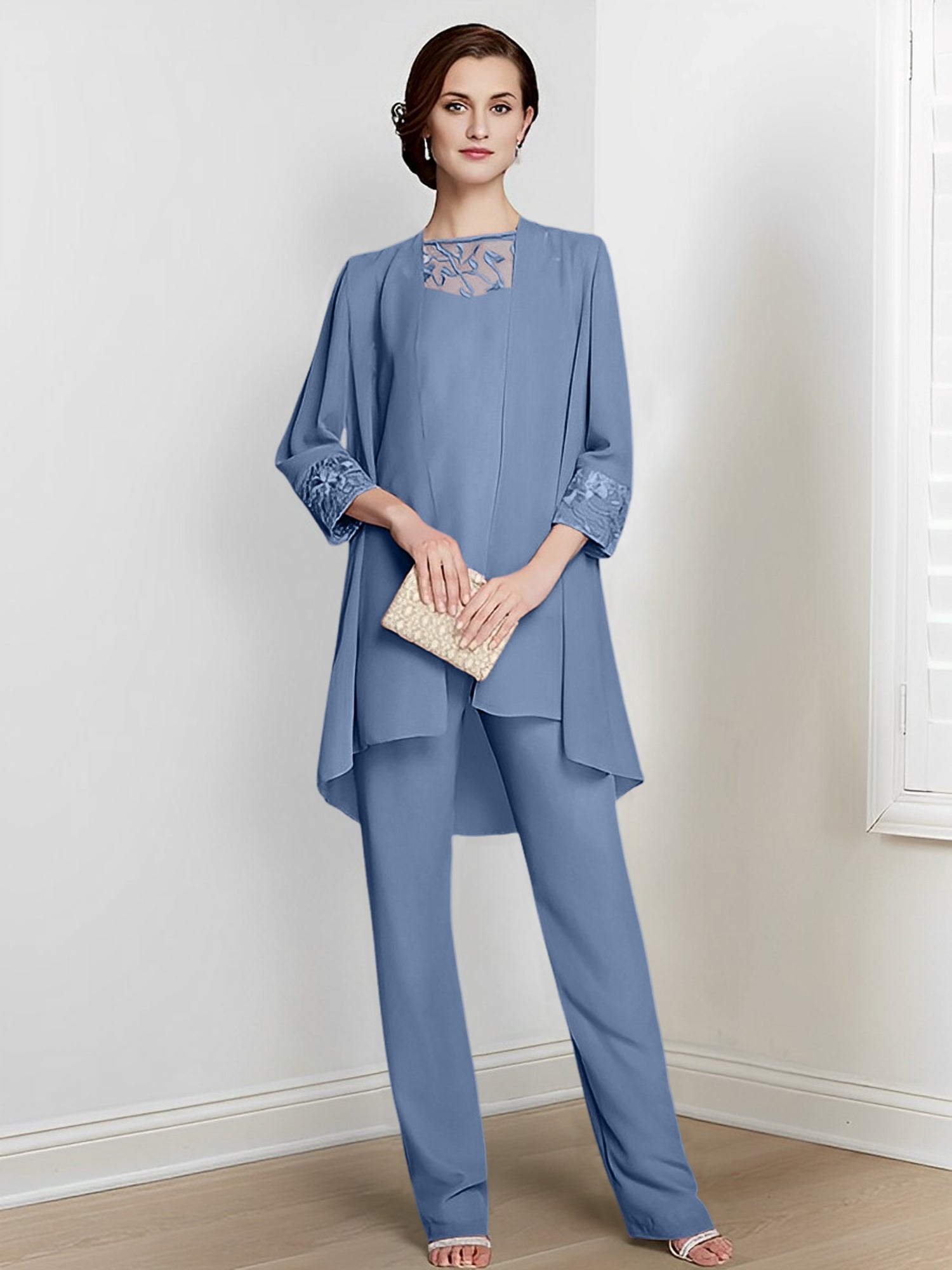 Long Square Neck Chiffon Pantsuit With Long Sleeves and Jacket for the Mother of the Bride