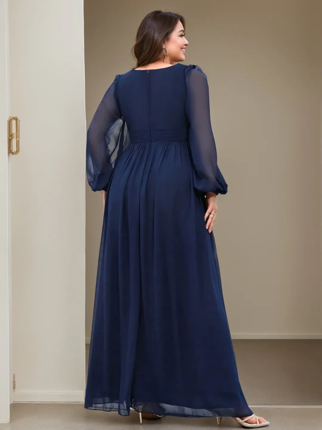 Long V Neck A Line Gown with Ruffles for the Mother of the Bride