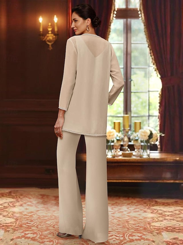 Long V Neck Chiffon Pantsuits with Jacket & Sequins for the Mother of the Bride