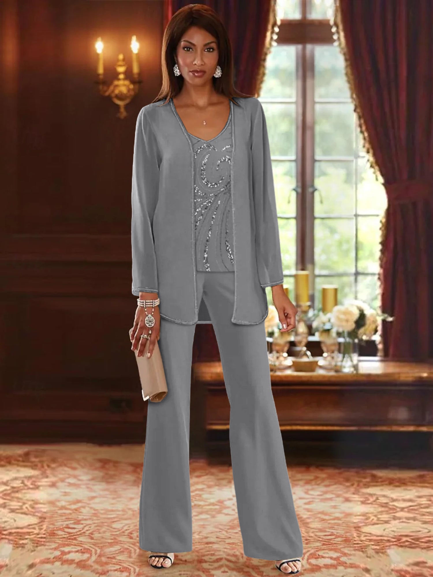 Long V Neck Chiffon Pantsuits with Jacket & Sequins for the Mother of the Bride