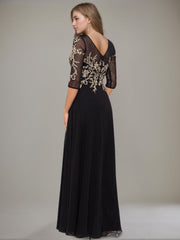 Long A line Gown with Jewel Neckline and Lace Ruffle Details