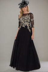 Long A line Gown with Jewel Neckline and Lace Ruffle Details