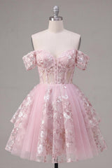 Floral A Line Off The Shoulder Corset Short Pink Homecoming Dress
