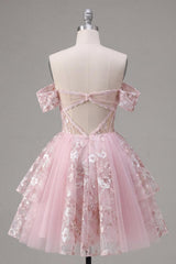Floral A Line Off The Shoulder Corset Short Pink Homecoming Dress