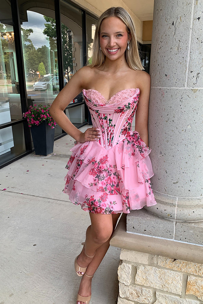 Suzhoufashion Floral Pink Corset A Line Homecoming Dresses Short Cocktail Dresses With Ruffles suzhoufashion Suzhoufashion Floral Pink Corset A Line Homecoming Dresses Short Cocktail Dresses With Ruffles suzhoufashion