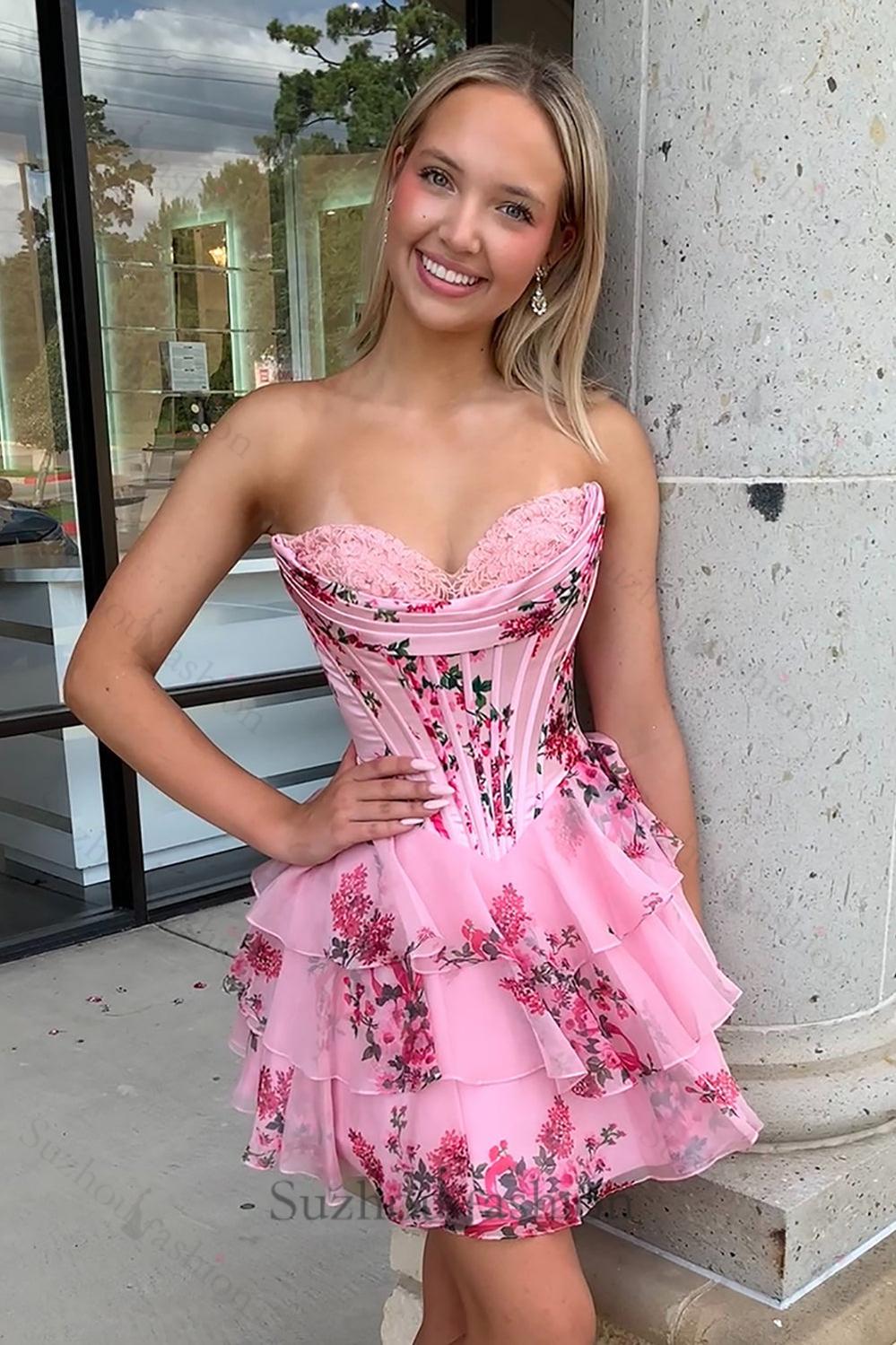 Suzhoufashion Floral Pink Corset A Line Homecoming Dresses Short Cocktail Dresses With Ruffles, Blue Suzhoufashion Floral Pink Corset A Line Homecoming Dresses Short Cocktail Dresses With Ruffles, Blue
