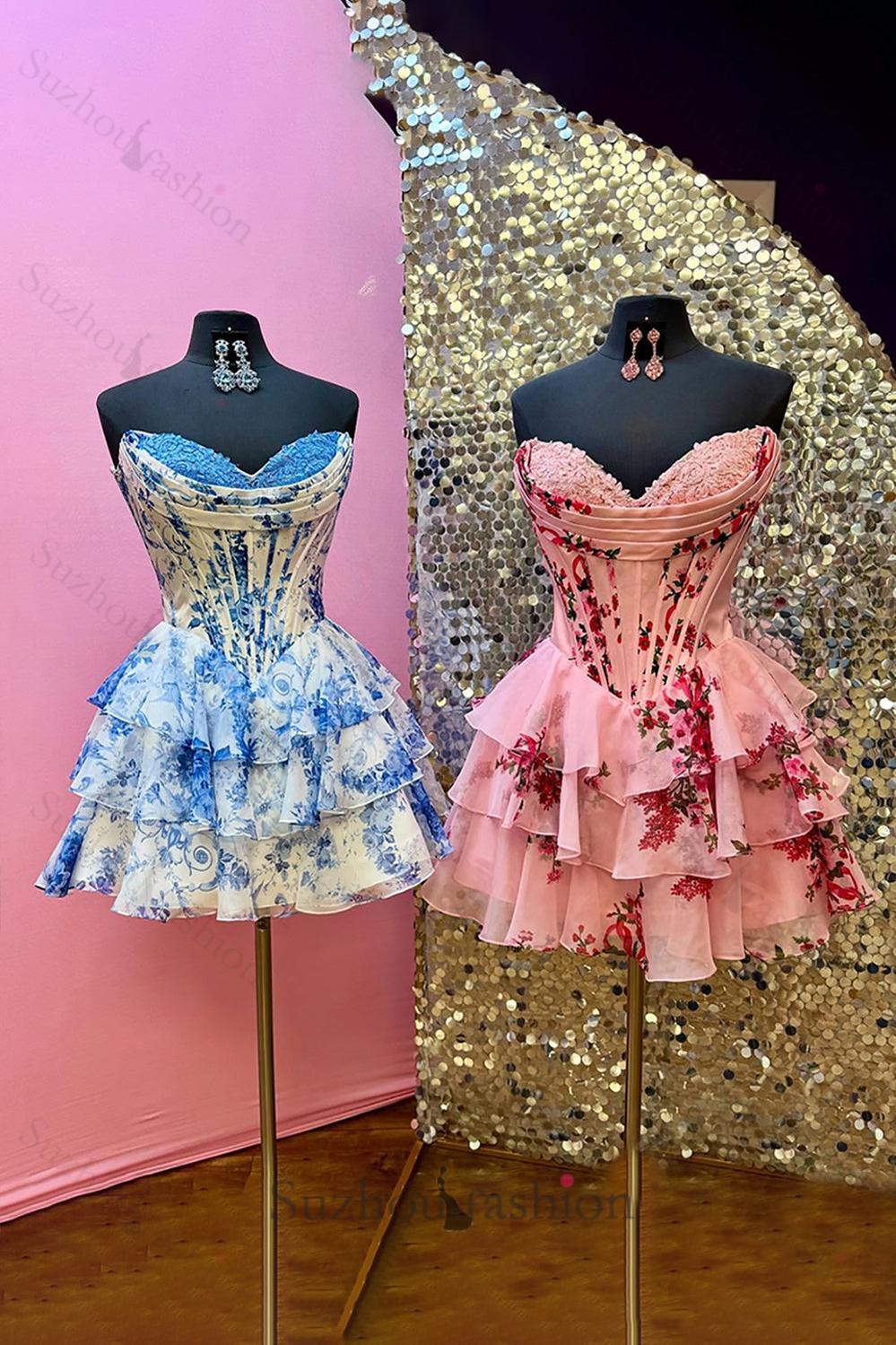 Floral Blue Corset A Line Homecoming Dresses Short Cocktail Dresses With Ruffles