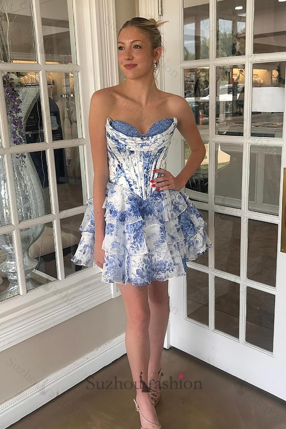 Floral Blue Corset A Line Homecoming Dresses Short Cocktail Dresses With Ruffles