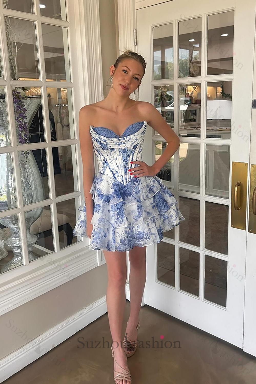 Floral Blue Corset A Line Homecoming Dresses Short Cocktail Dresses With Ruffles
