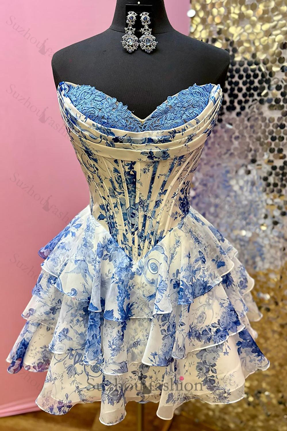 Floral Blue Corset A Line Homecoming Dresses Short Cocktail Dresses With Ruffles