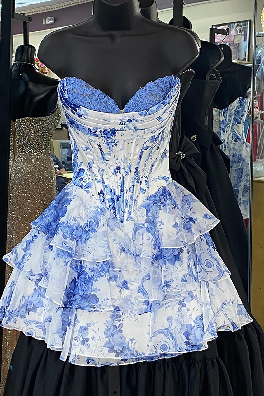 Floral Blue Corset A Line Homecoming Dresses Short Cocktail Dresses With Ruffles