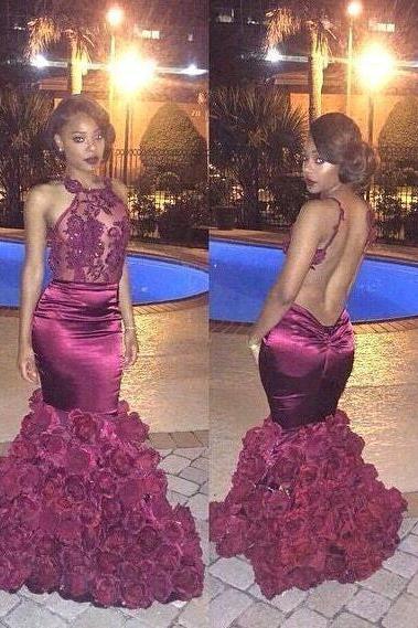 Floral Mermaid Prom Dresses Sexy Backless Evening Gowns BA1533