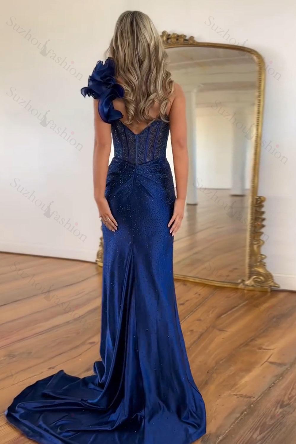 Floral Navy Prom Dress Corset One Shoulder Formal Dress With Slit
