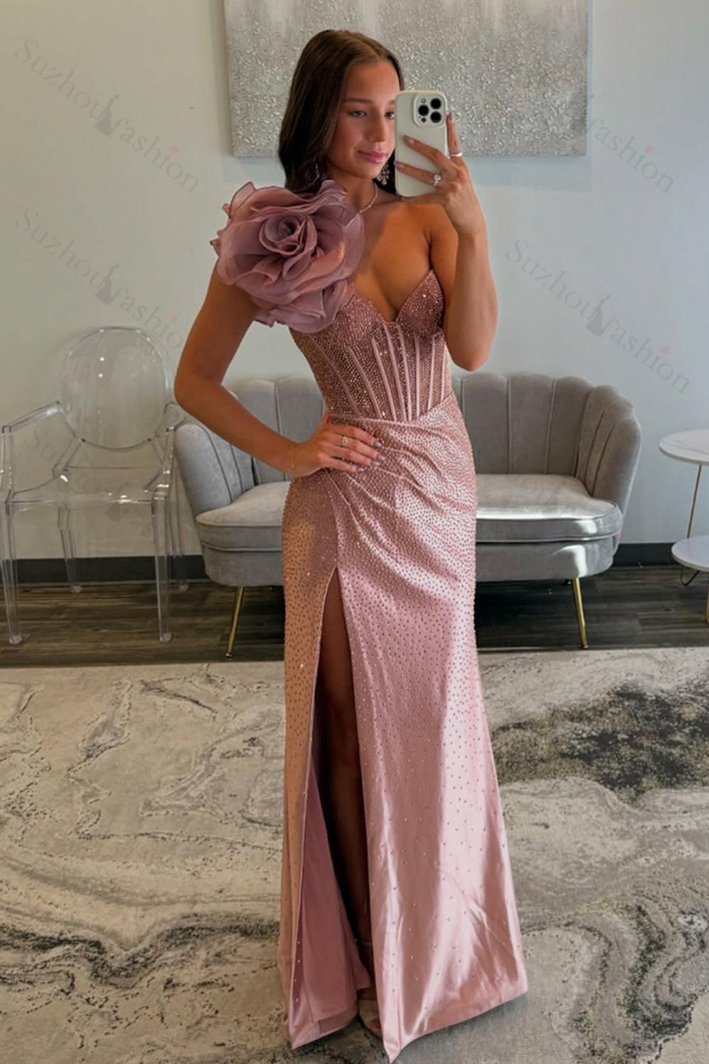Floral Navy Prom Dress Corset One Shoulder Formal Dress With Slit