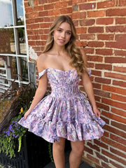 Floral Off Shoulder Brocade Homecoming Dress with Ruffled