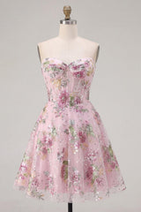 Floral Short A Line Corset Strapless Sparkly Pink Beaded Homecoming Dress