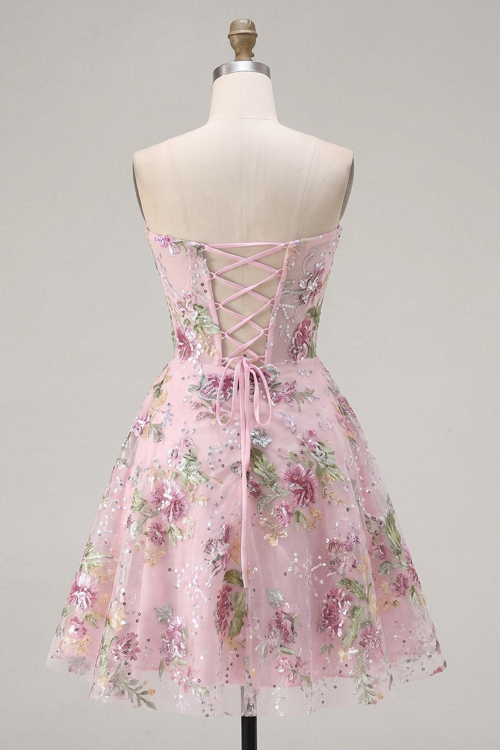 Floral Short A Line Corset Strapless Sparkly Pink Beaded Homecoming Dress