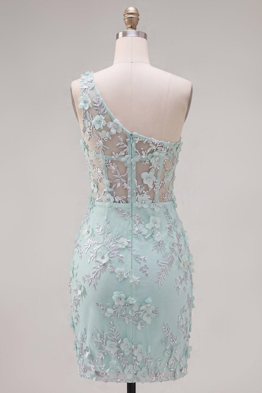Floral Sparkly Mint Corset Beaded Tight Short Keyhole Homecoming Dress with Slit