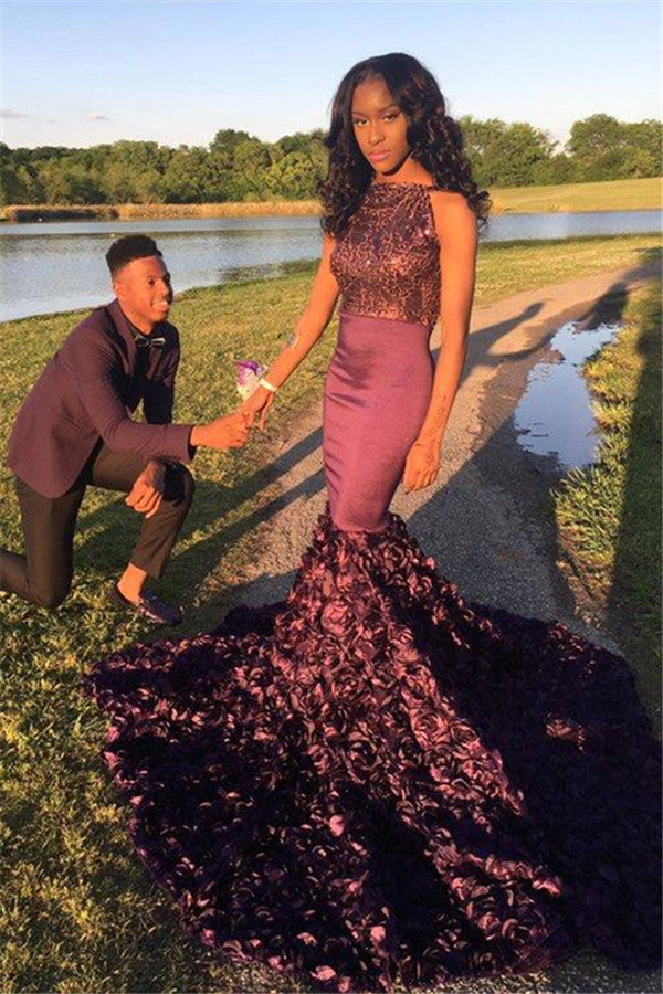 Flowers Unique Long-Train Modern Mermaid Sleeveless Sheath Prom Dress