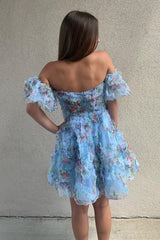 Fluffy Blue Homecoming Dresses Corset Off The Shoulder A-Line Short Cocktail Dresses