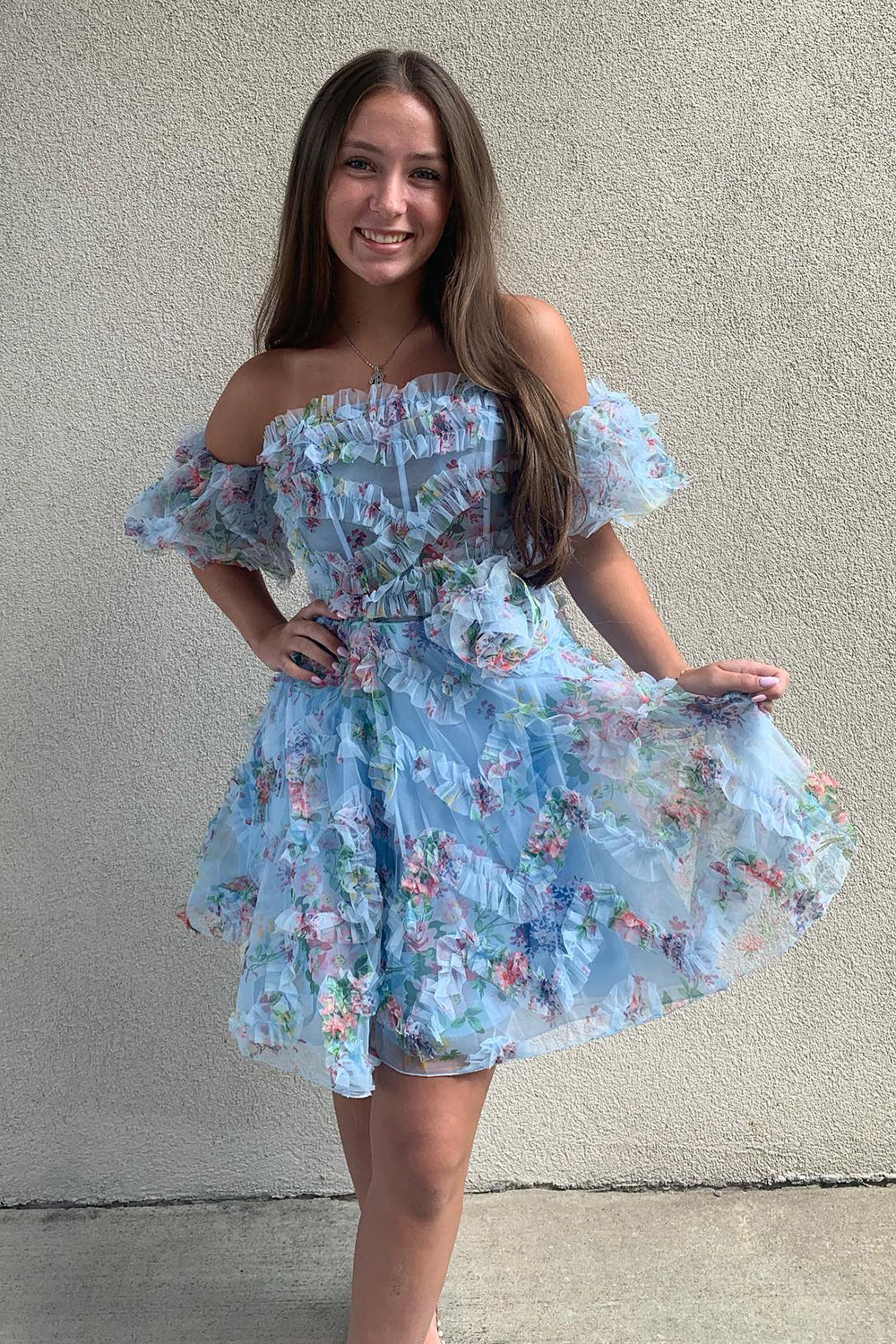 Fluffy Blue Homecoming Dresses Corset Off The Shoulder A-Line Short Cocktail Dresses