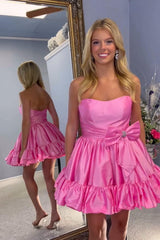 Fluffy Fuchsia Homecoming Dresses Strapless A Line Tiered Short Cocktail Dresses with Bow