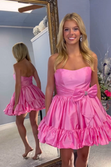 Fluffy Fuchsia Homecoming Dresses Strapless A Line Tiered Short Cocktail Dresses with Bow
