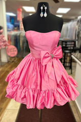 Fluffy Fuchsia Homecoming Dresses Strapless A Line Tiered Short Cocktail Dresses with Bow