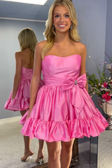 Fluffy Fuchsia Homecoming Dresses Strapless A Line Tiered Short Cocktail Dresses with Bow