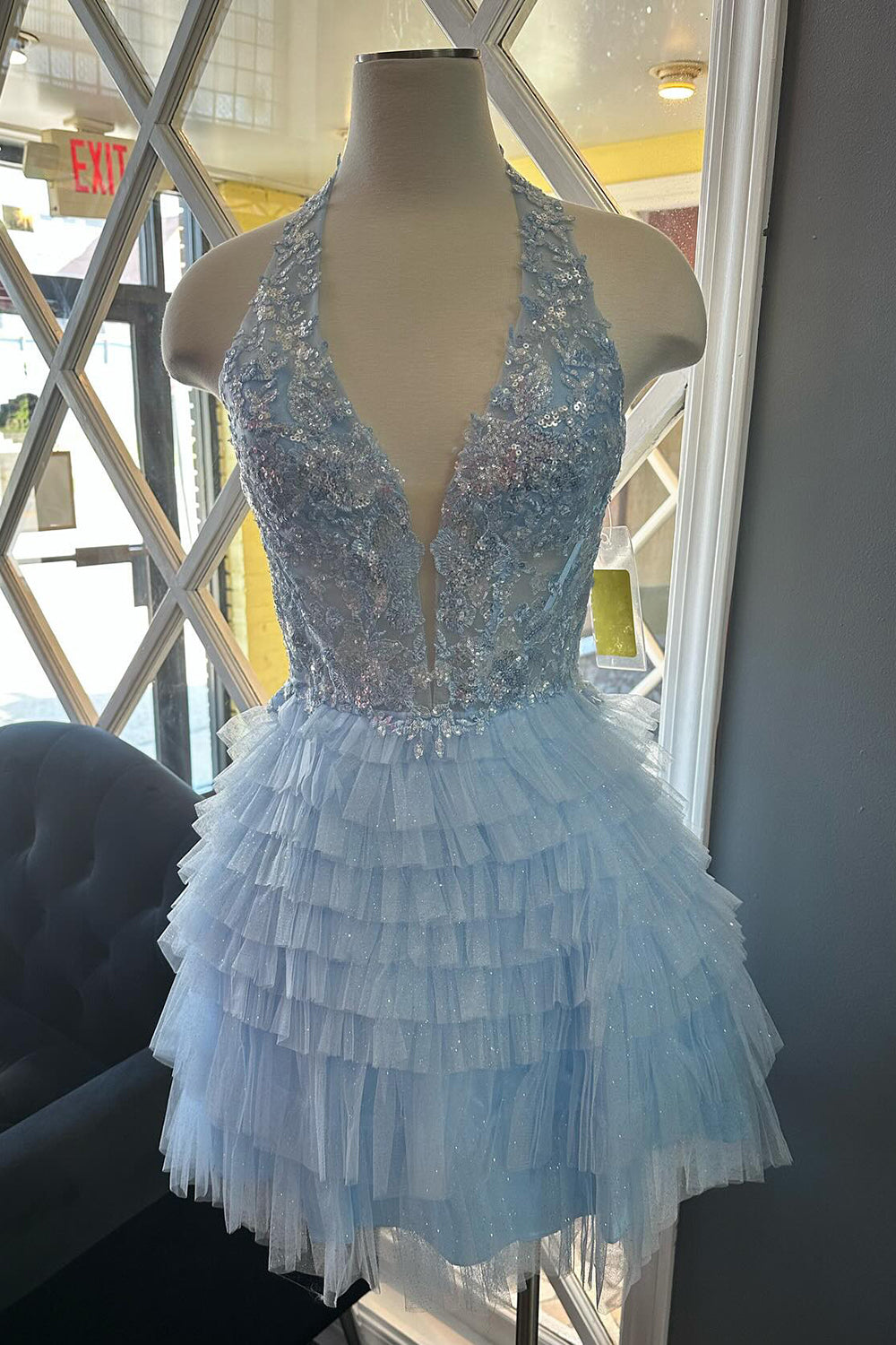 Fluffy Royal Blue Homecoming Dresses A Line Halter Tiered Short Corset Prom Dress