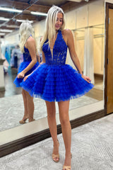 Fluffy Royal Blue Homecoming Dresses A Line Halter Tiered Short Corset Prom Dress
