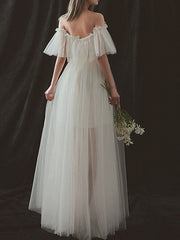 Formal A-Line Beach Wedding Dresses Strapless Tulle Short Sleeve Bridal Gowns On Sale