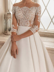 Formal A-Line Wedding Dress Bateau Lace Satin 3/4 Length Sleeves Bridal Gowns with Sweep Train