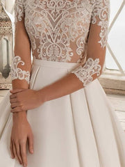 Formal A-Line Wedding Dress Bateau Lace Satin 3/4 Length Sleeves Bridal Gowns with Sweep Train