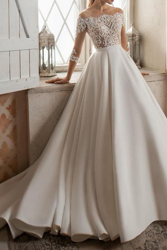 Formal A-Line Wedding Dress Bateau Lace Satin 3/4 Length Sleeves Bridal Gowns with Sweep Train