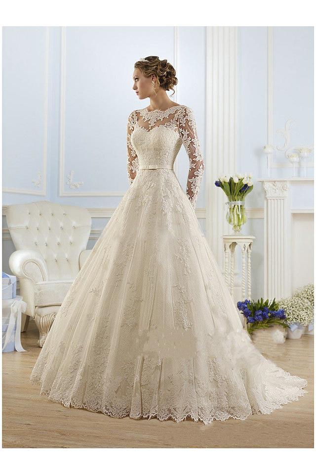 Formal A-Line Wedding Dress Jewel Lace Tulle Long Sleeve Sexy Bridal Gowns with Court Train