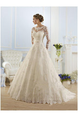 Formal A-Line Wedding Dress Jewel Lace Tulle Long Sleeve Sexy Bridal Gowns with Court Train