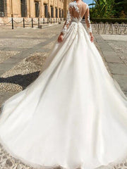 Formal A-Line Wedding Dress Jewel Lace Tulle Long Sleeve Sexy See-Through Bridal Gowns with Court Train