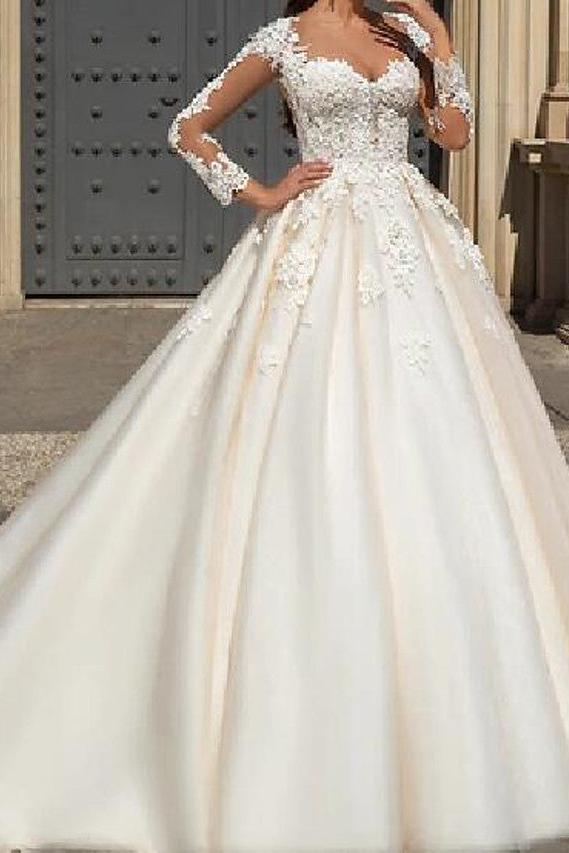 Formal A-Line Wedding Dress Jewel Lace Tulle Long Sleeve Sexy See-Through Bridal Gowns with Court Train