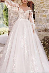 Formal A-Line Wedding Dress Jewel Lace Tulle Long Sleeve Sexy See-Through Bridal Gowns