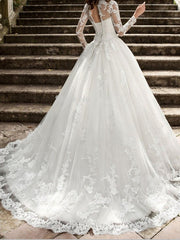 Formal A-Line Wedding Dress Jewel Tulle Long Sleeves Bridal Gowns with Sweep Train