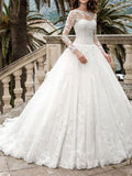Formal A-Line Wedding Dress Jewel Tulle Long Sleeves Bridal Gowns with Sweep Train