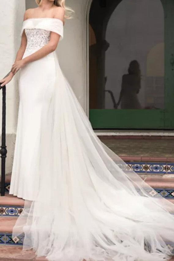 Formal A-Line Wedding Dress Off Shoulder Lace Satin Tulle Short Sleeve Bridal Gowns with Court Train