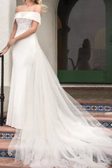 Formal A-Line Wedding Dress Off Shoulder Lace Satin Tulle Short Sleeve Bridal Gowns with Court Train