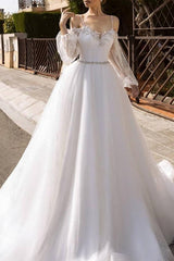 Formal A-Line Wedding Dress Spaghetti Strap Lace Tulle Sequined Long Sleeve Sexy Backless Bridal Gowns with Sweep Train