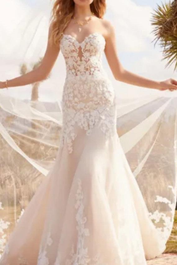 Formal A-Line Wedding Dress Sweetheart Tulle Strapless Plus Size Bridal Gowns with Court Train
