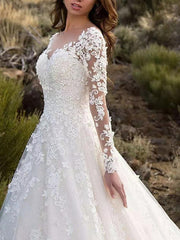 Formal A-Line Wedding Dress V-neck Lace Long Sleeves Sparkle & Shine Bridal Gowns with Sweep Train