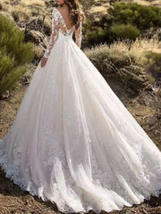 Formal A-Line Wedding Dress V-neck Lace Long Sleeves Sparkle & Shine Bridal Gowns with Sweep Train